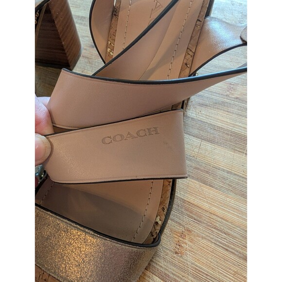 EUC COACH Mandy Sandals - Studded Beige & Gold Metallic Leather Heels - Sz 9.5 - Picture 6 of 16